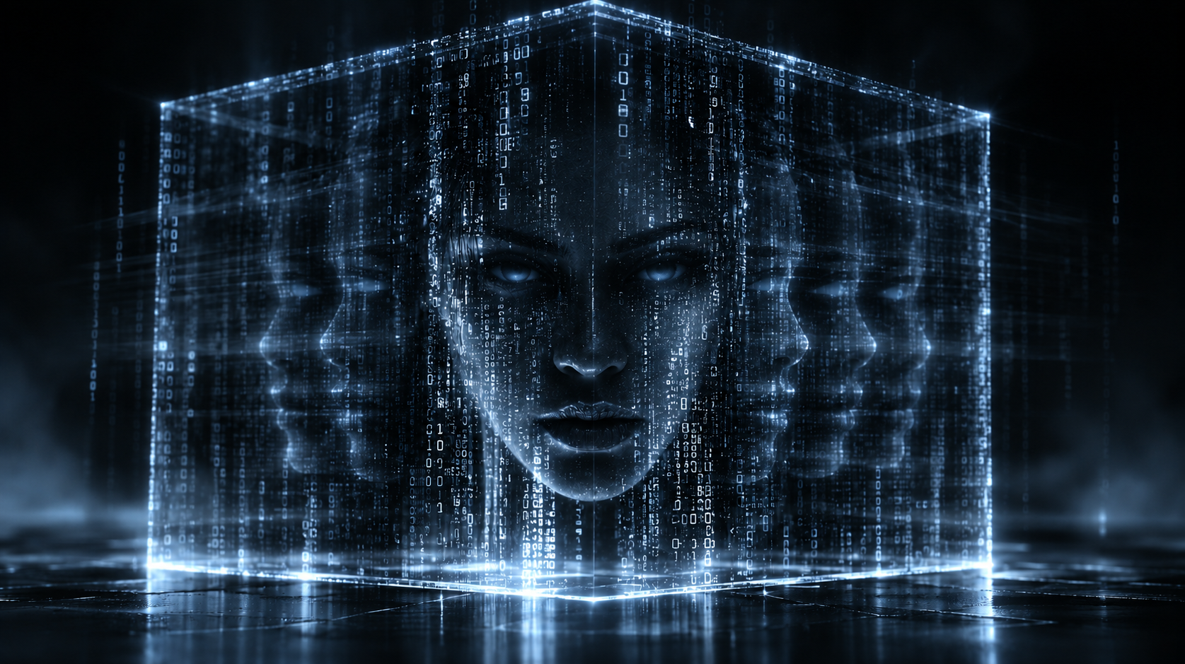 NOVA, a blue digital face suspended inside a holographic cube